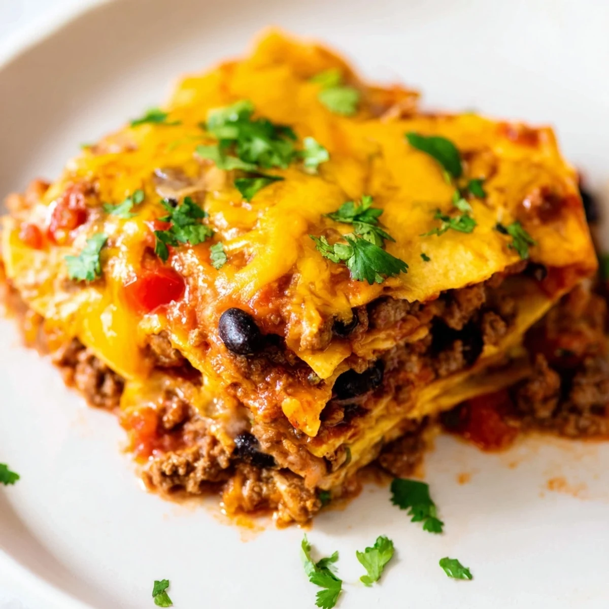 A hearty slice of Beef Enchilada Casserole shows rich red enchilada sauce, ground beef, and shredded cheese layers on a plate.