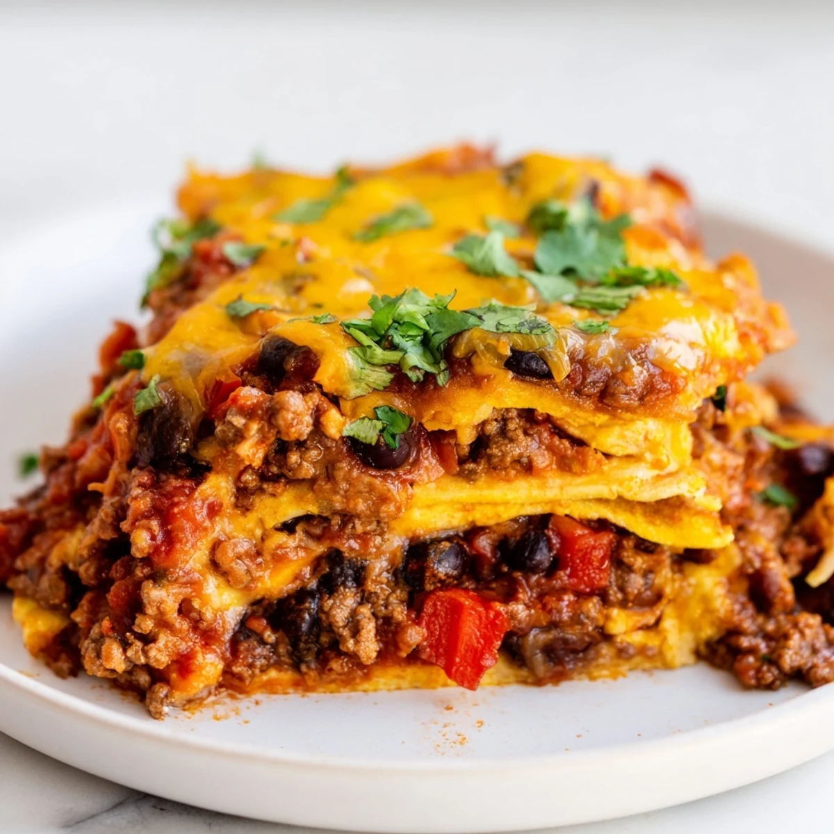 Fresh cilantro and sour cream garnish this bubbling Beef Enchilada Casserole, straight from the oven and ready to serve.