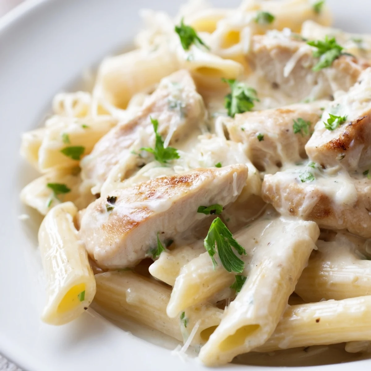 Creamy Chicken Alfredo with Penne garnished with fresh parsley and grated Parmesan on a white plate.