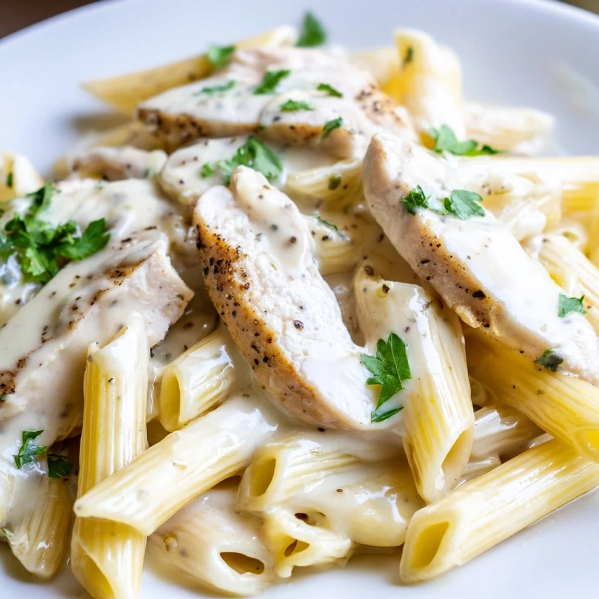 A hearty serving of Creamy Chicken Alfredo with Penne, tender chicken slices nestled in rich sauce.