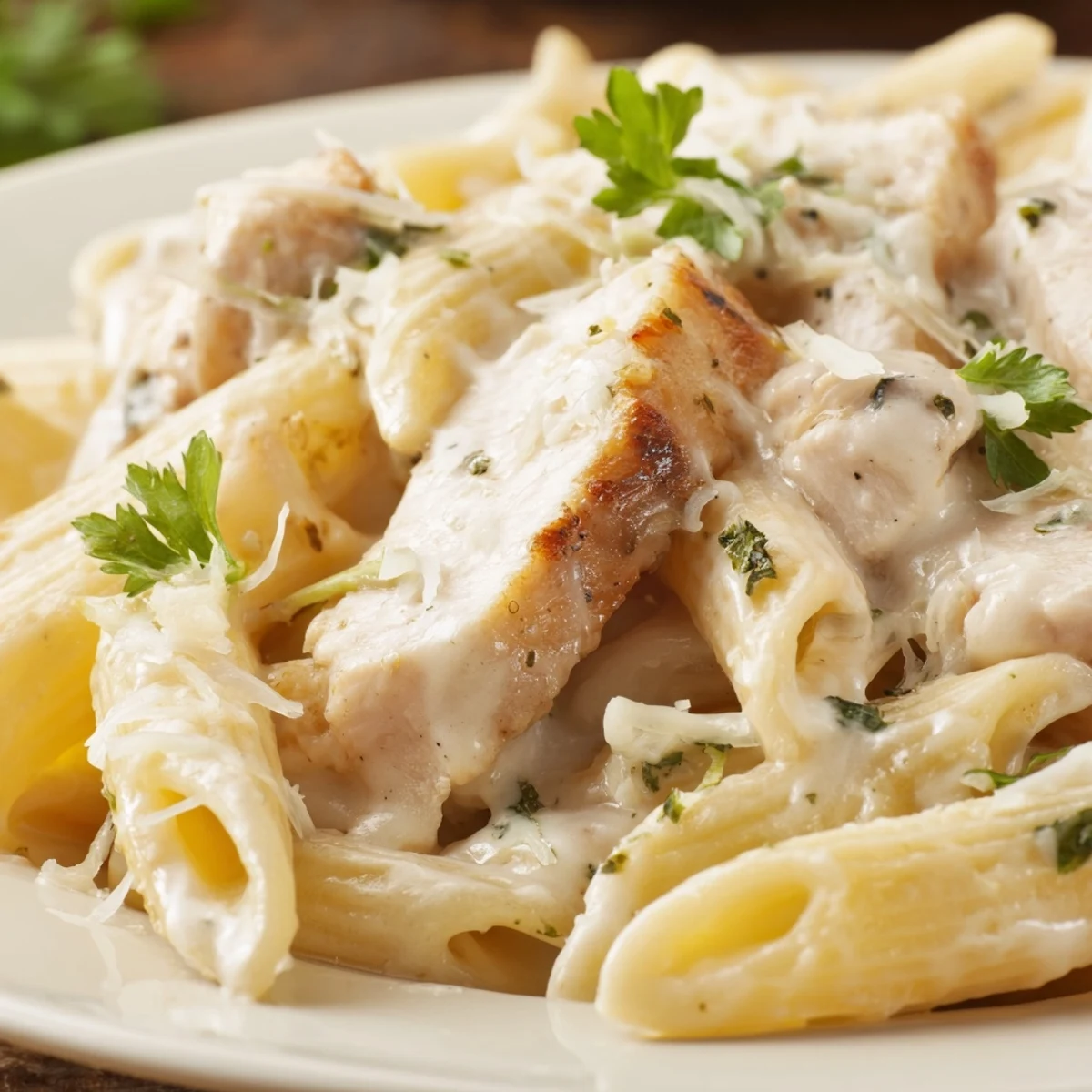 Comforting Creamy Chicken Alfredo with Penne in a skillet, steam rising for a cozy family dinner.