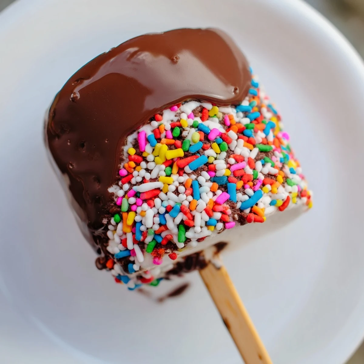 Perfect for kids' parties, these Chocolate Marshmallows on a Stick sit upright on a tray, showing rich chocolate coating and colorful sprinkles.