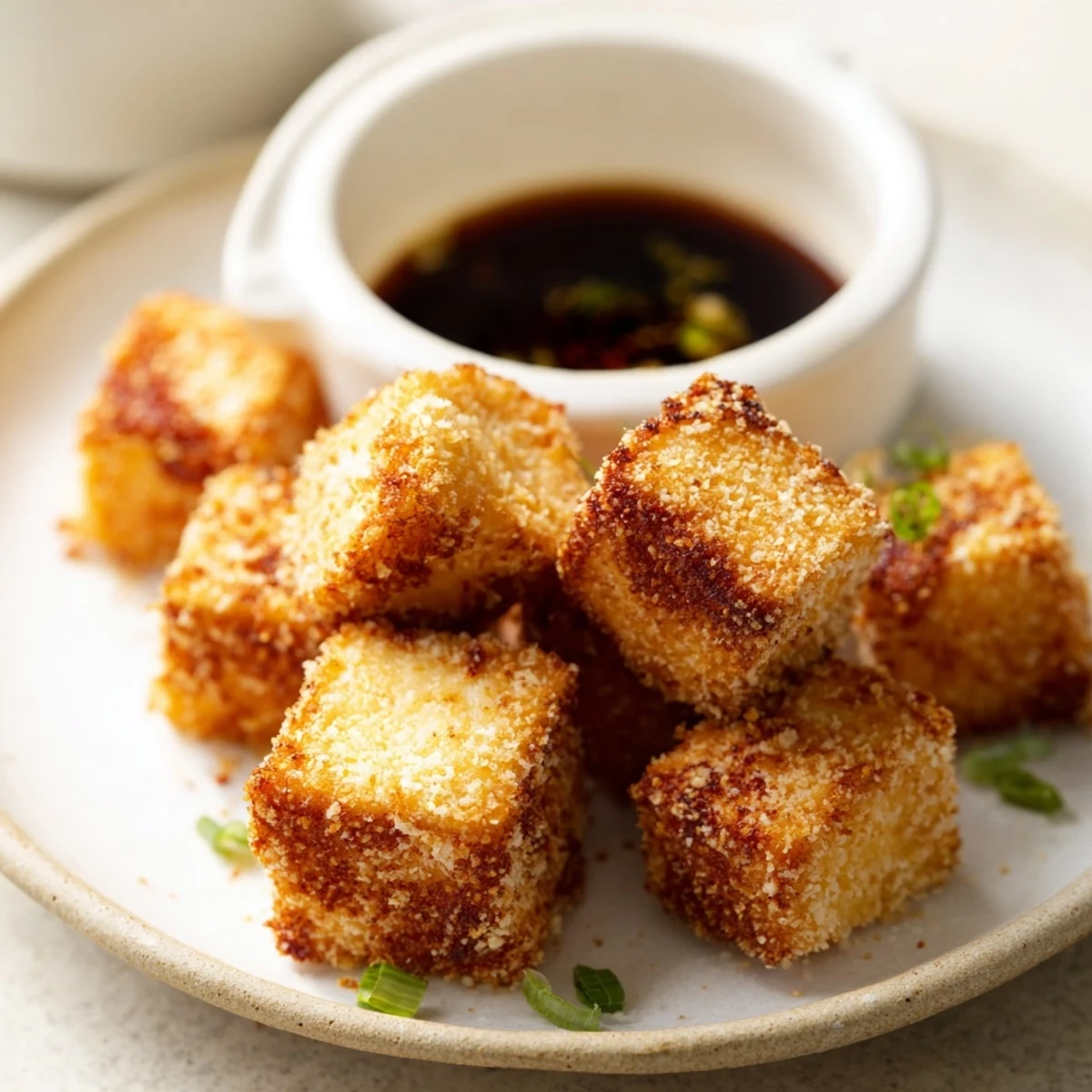 Golden-brown Crispy Tofu Bites paired with a savory soy-ginger dipping sauce on a rustic plate.