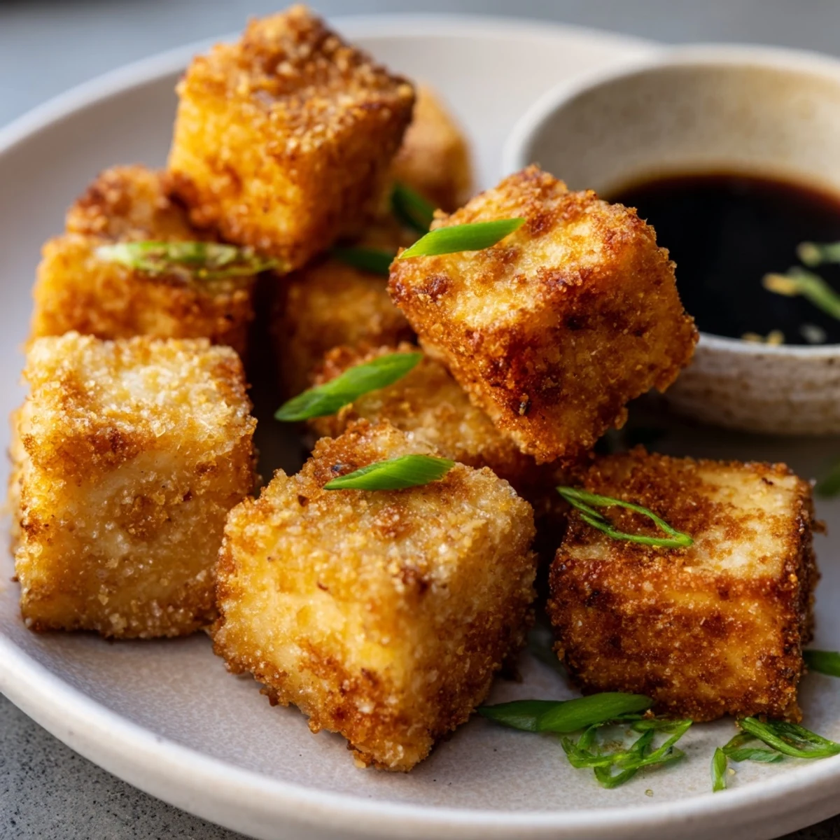 A close-up of Crispy Tofu Bites showing crunchy textures and a drizzle of sesame dipping sauce.