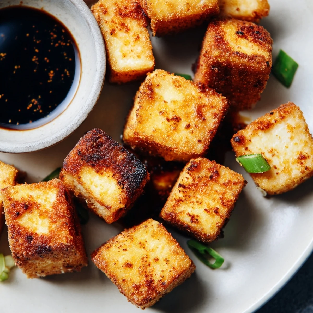 Appetizer platter of Crispy Tofu Bites served alongside fresh scallions and a spicy Asian-inspired sauce.