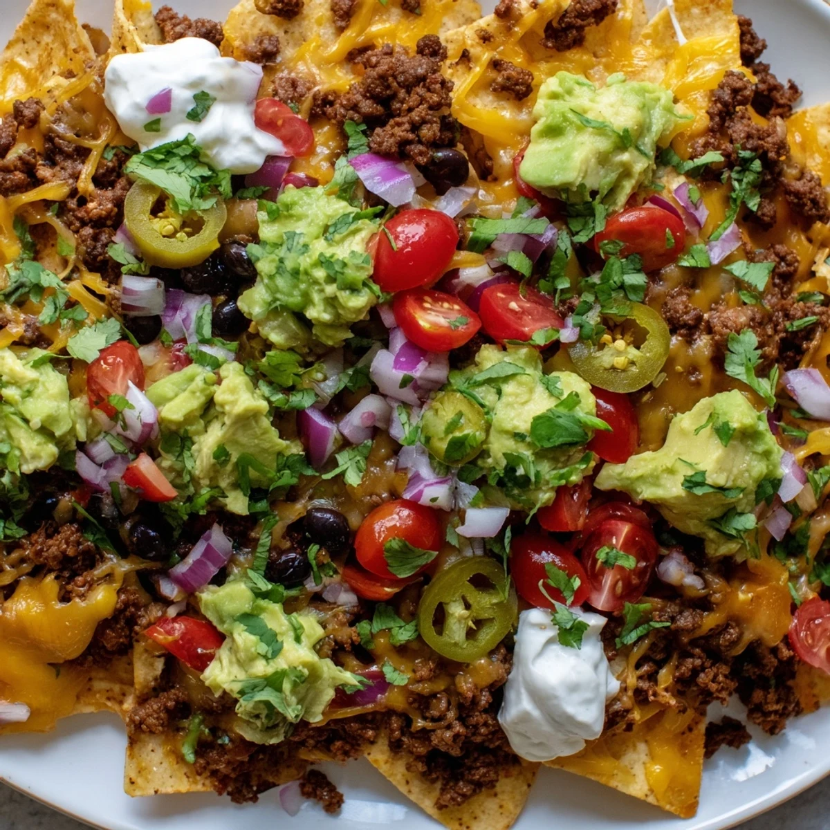 Freshly baked Beef Nacho Platter with All Toppings features melted cheddar and Monterey Jack over crispy tortilla chips.