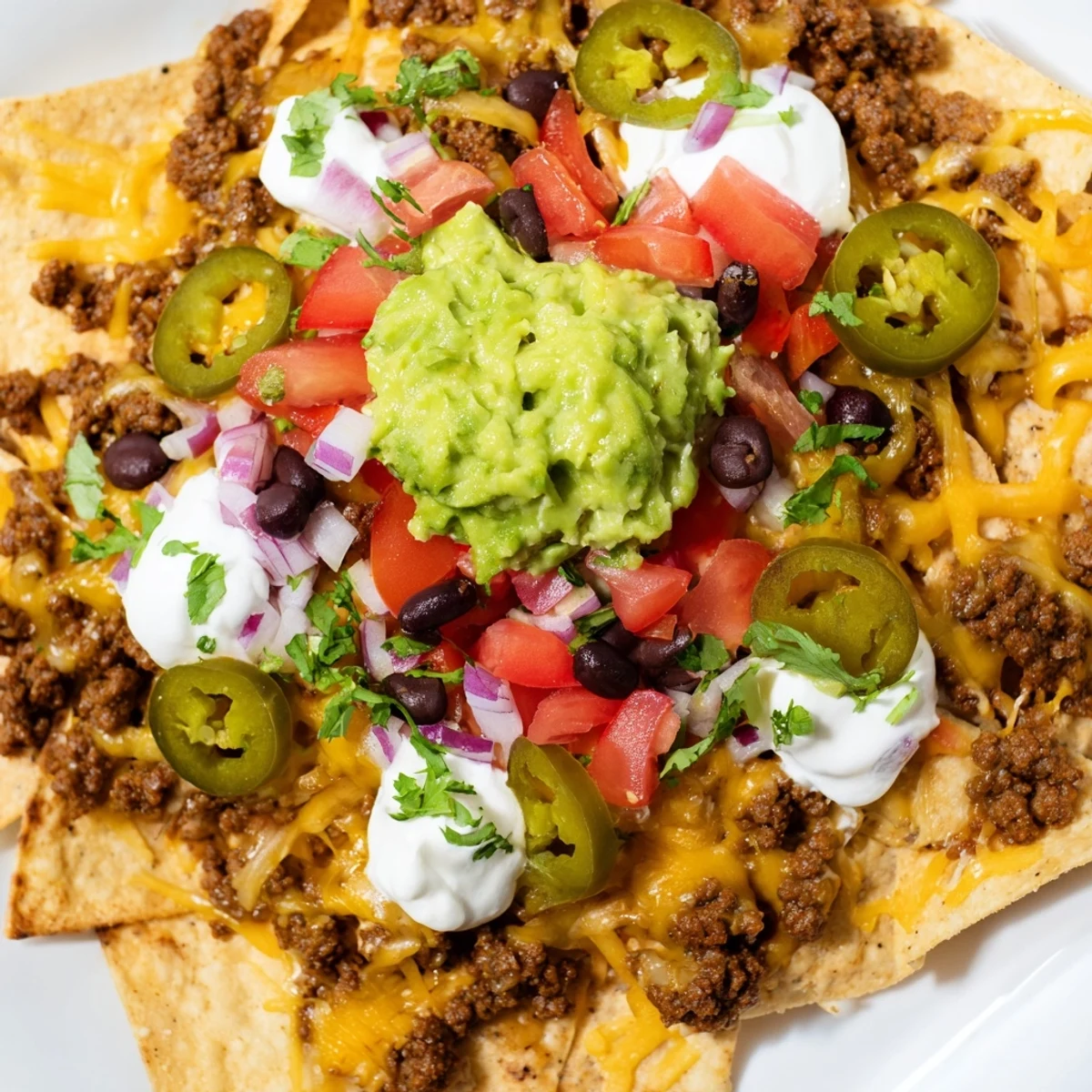 Golden, seasoned ground beef melts into the cheese on this loaded Beef Nacho Platter with All Toppings.