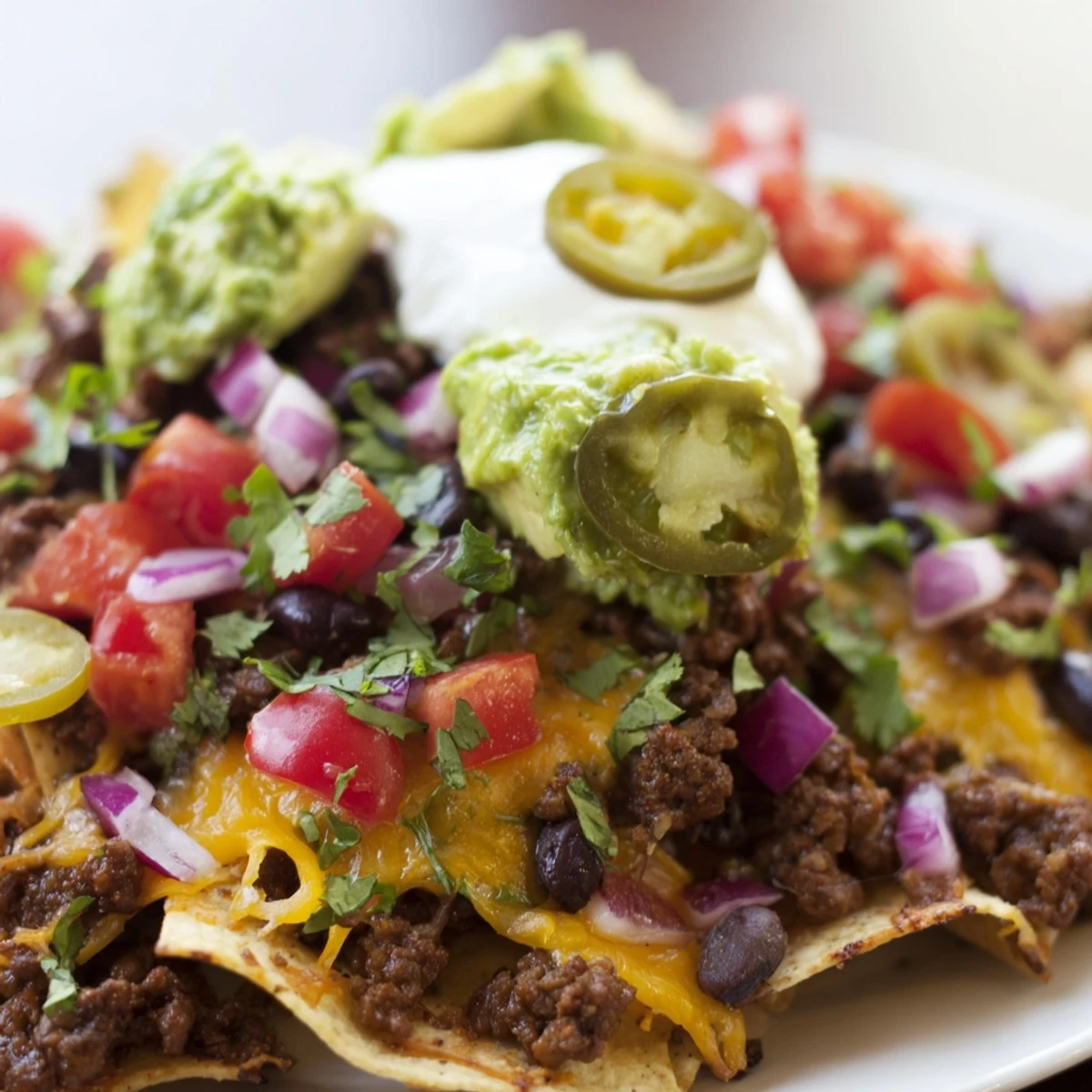 Hearty Beef Nacho Platter with All Toppings is piled high with black beans, pico de gallo, and guacamole.