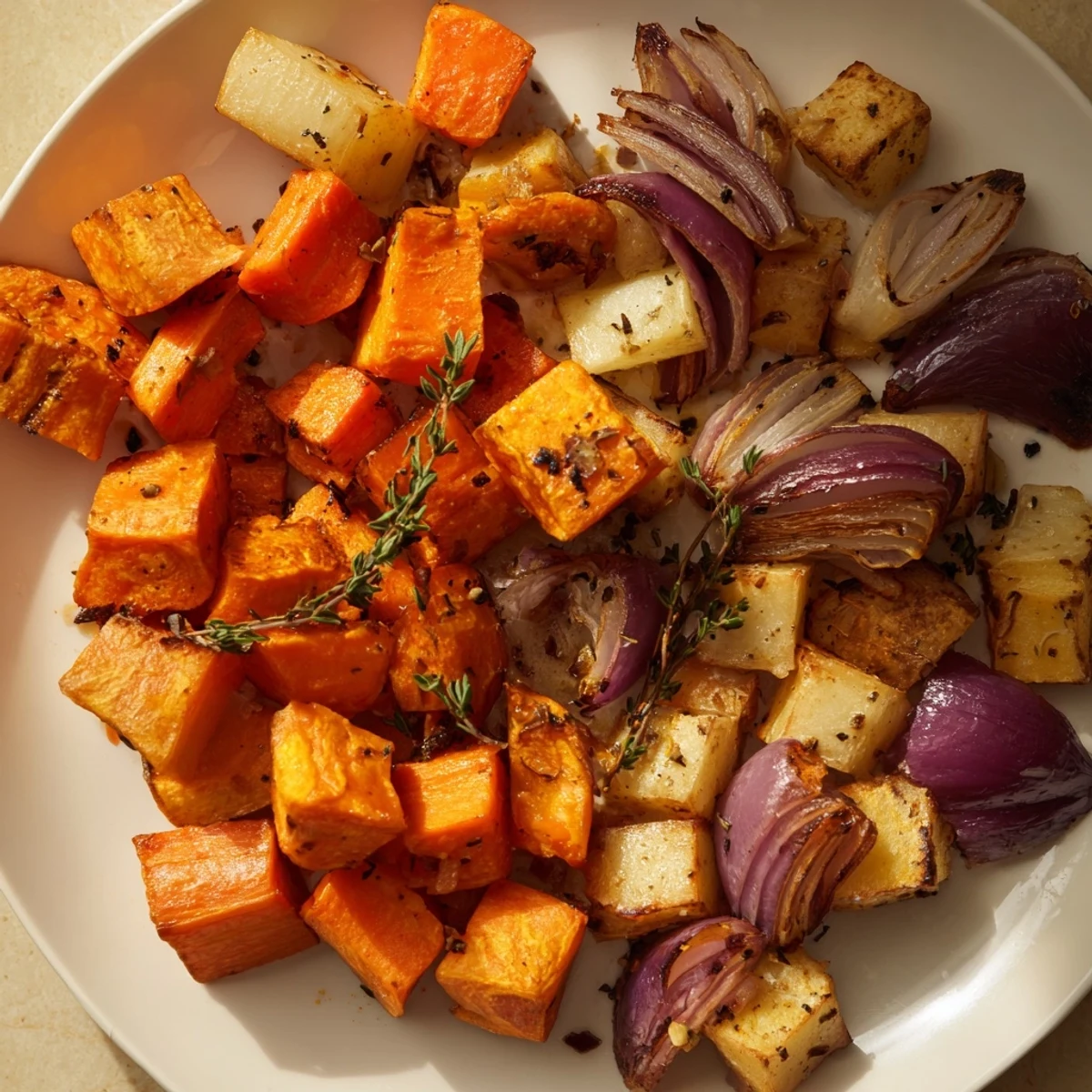 Roasted Root Vegetables with Thyme served warm from the oven with golden caramelized edges