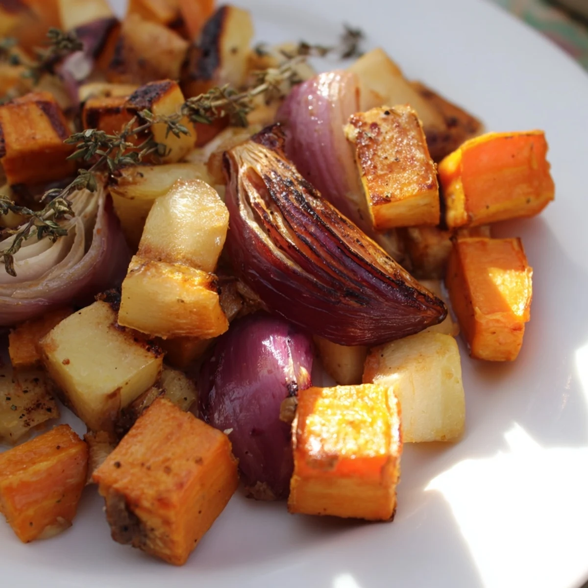 Rustic platter of Roasted Root Vegetables with Thyme beside roast chicken and grains