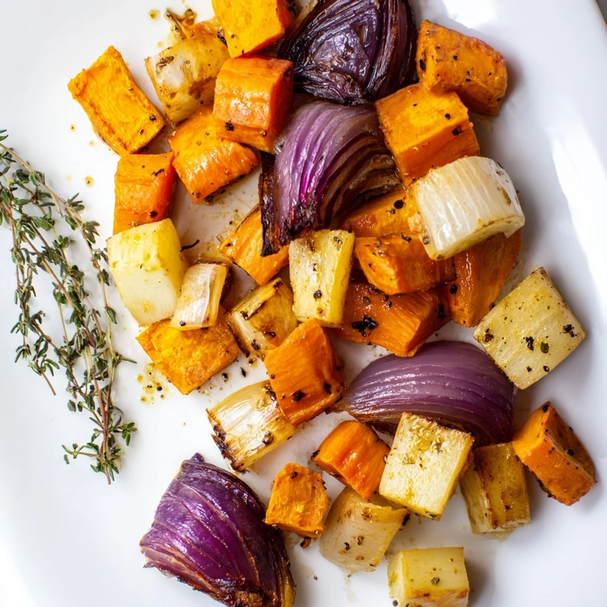 Colorful medley of carrots, parsnips, and sweet potatoes tossed with fresh thyme
