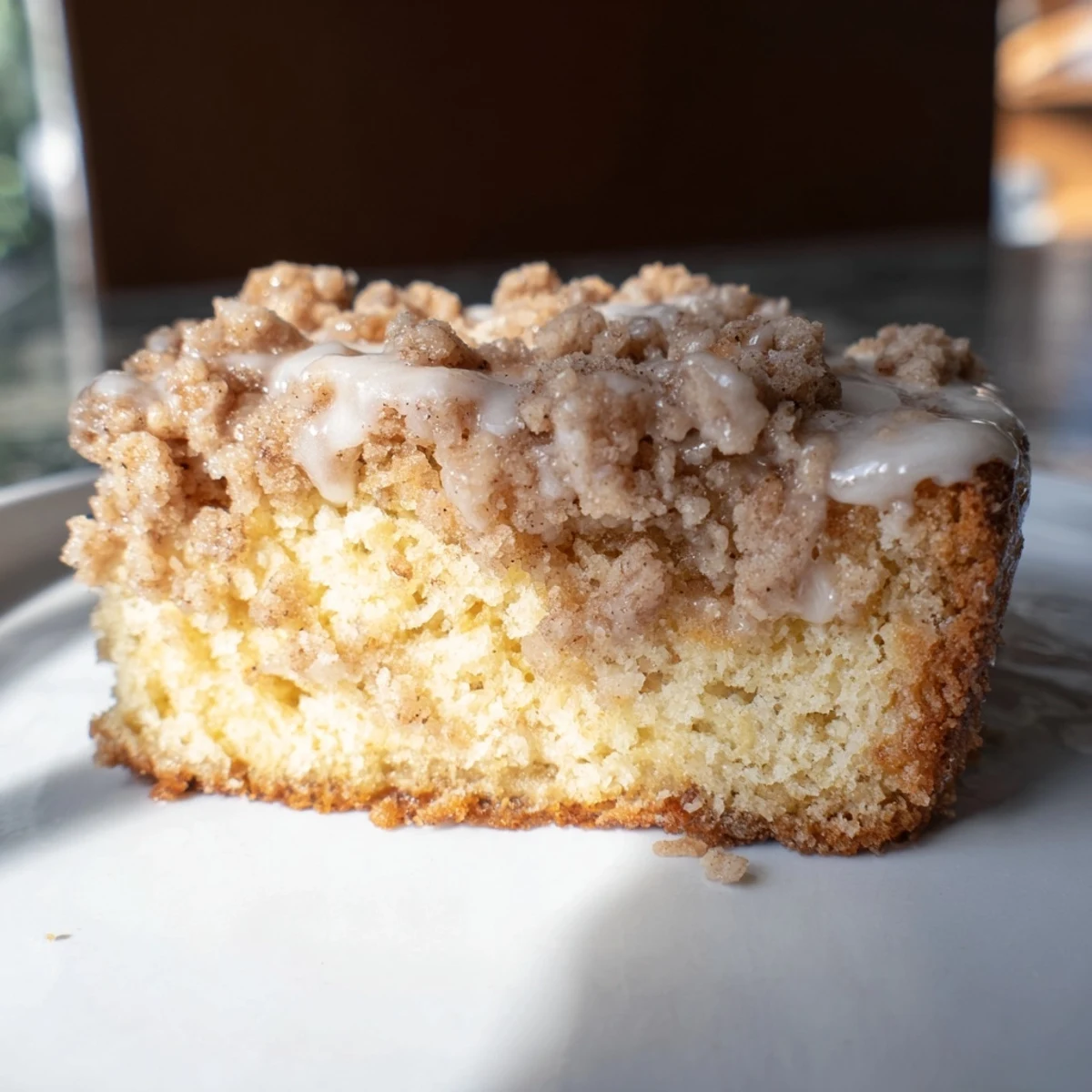 Freshly baked Lemon Coffee Cake with Cinnamon Crumble topped with sweet glaze on a rustic table.