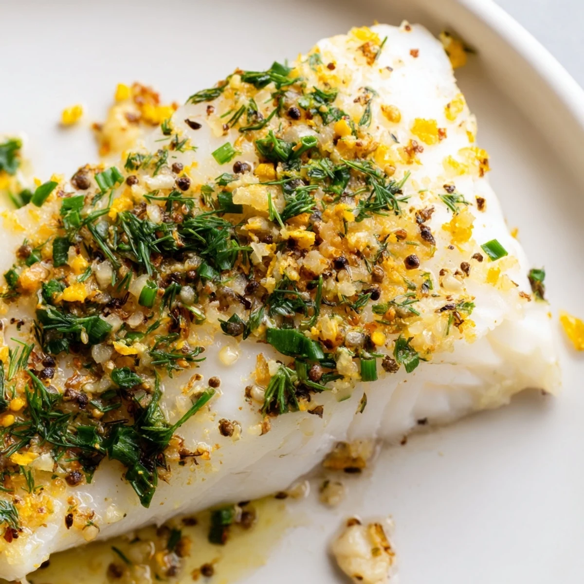 Fresh herbs and melted butter coat the tender fillet of Baked Halibut with Herbs and Butter, garnished with chopped parsley and dill.
