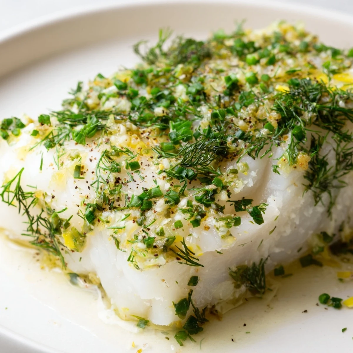 Perfectly cooked Baked Halibut with Herbs and Butter, flaking easily with a fork, served alongside roasted asparagus and a glass of white wine.