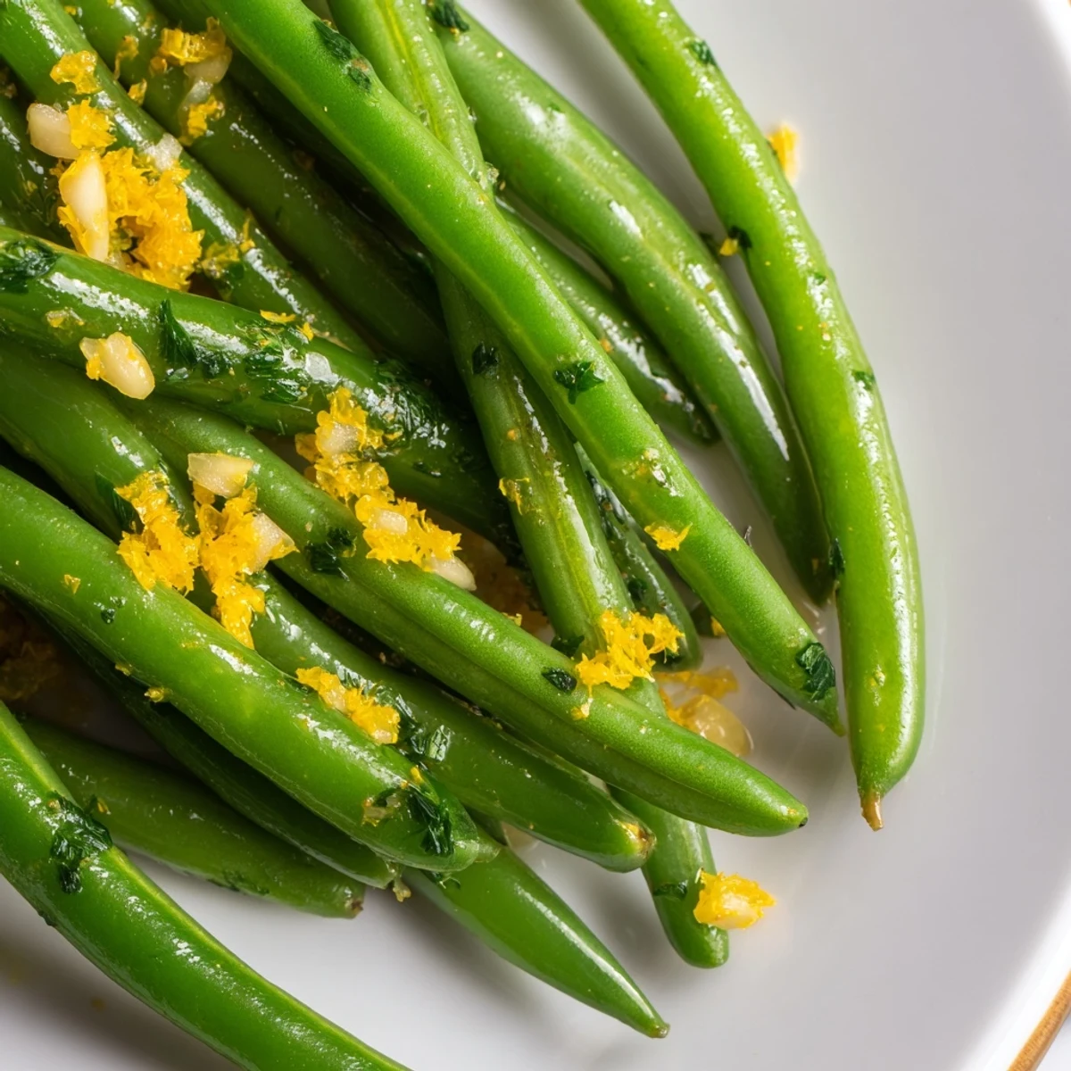 Fresh steamed Lemon Green Beans with minced garlic and lemon zest in a white bowl, garnished with parsley for a bright, zesty side dish.
