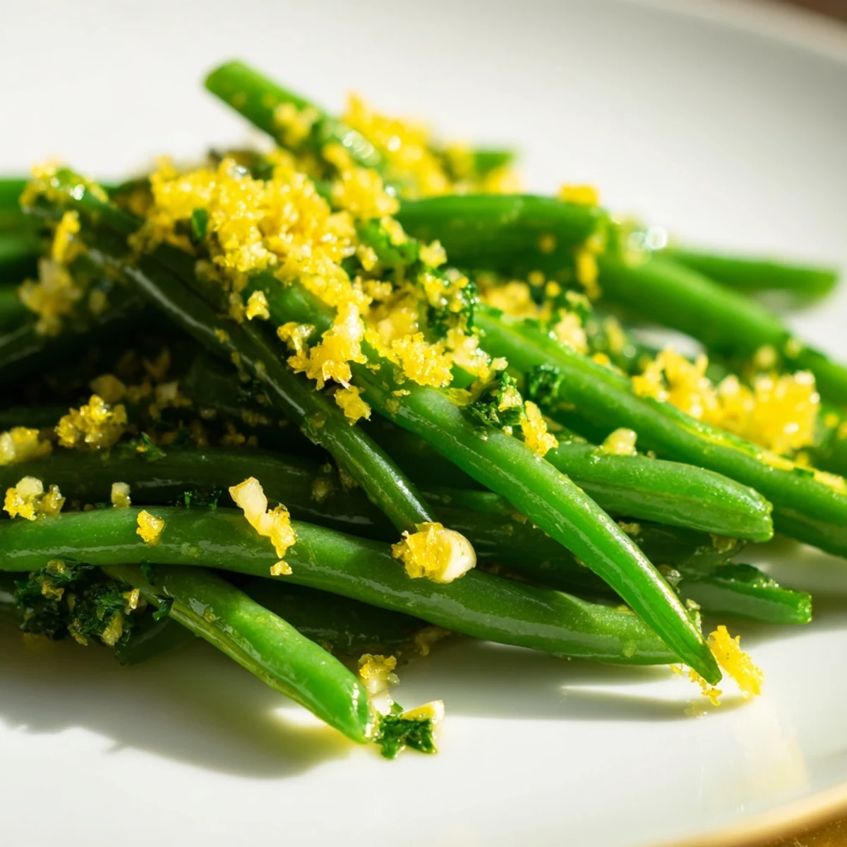 Crisp Lemon Green Beans tossed with aromatic minced garlic and olive oil on a wooden serving platter with lemon wedges nearby.