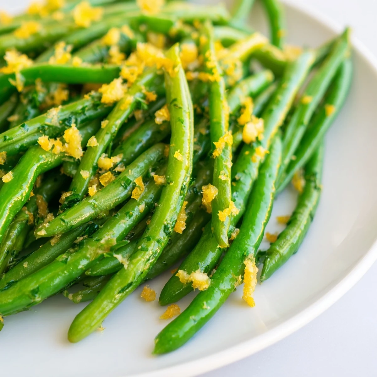 A skillet of tender Lemon Green Beans with minced garlic, finished with lemon juice and fresh parsley, served warm as a vegan side.