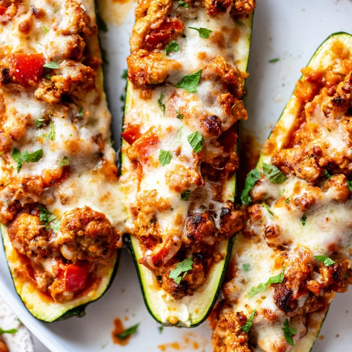 Golden, bubbly mozzarella and Parmesan top baked Chicken Zucchini Boats with Cheese served alongside a fresh green salad.