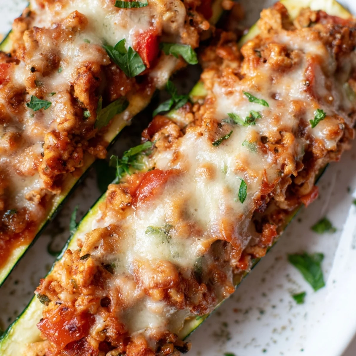 Fresh parsley garnishes the cheesy, low carb Chicken Zucchini Boats with Cheese, perfect for an easy, healthy American dinner.