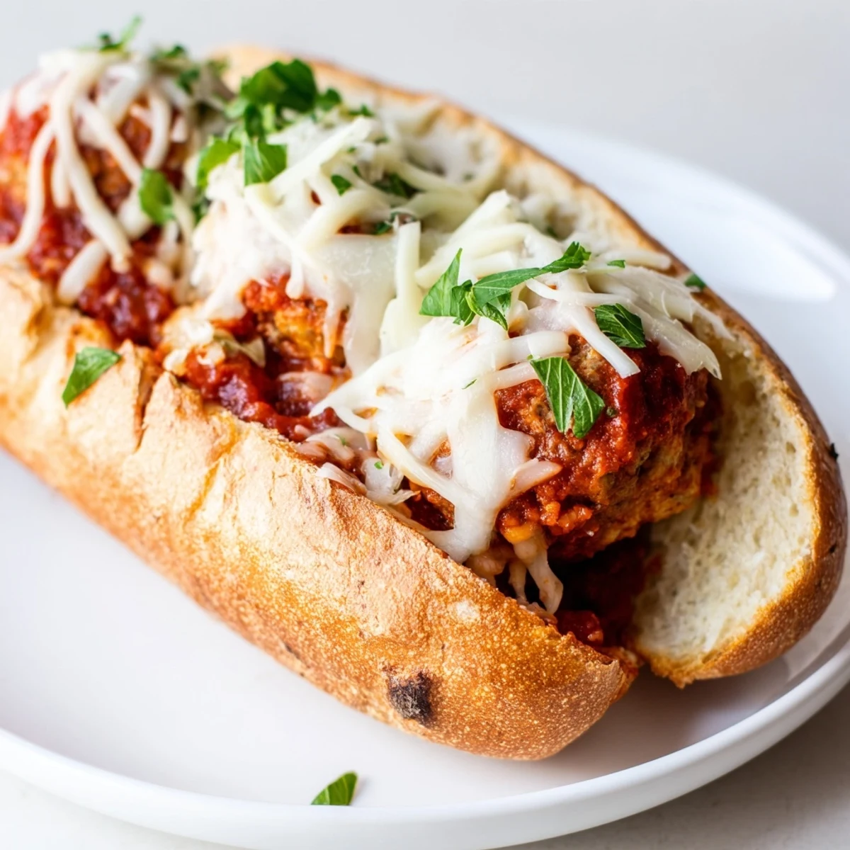 Juicy baked turkey meatballs simmer in tomato sauce with garlic and herbs, filling toasted bread for delicious Turkey Meatball Subs with Cheese.