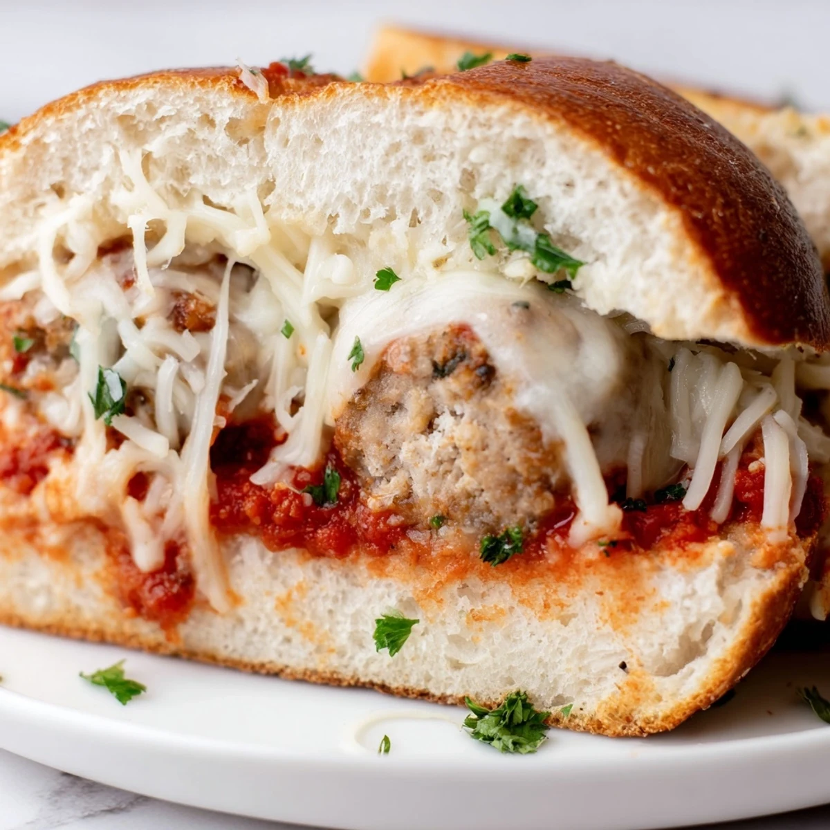 Golden-brown turkey meatballs in rich marinara sauce, ready to be assembled into Turkey Meatball Subs with Cheese on a wooden board.