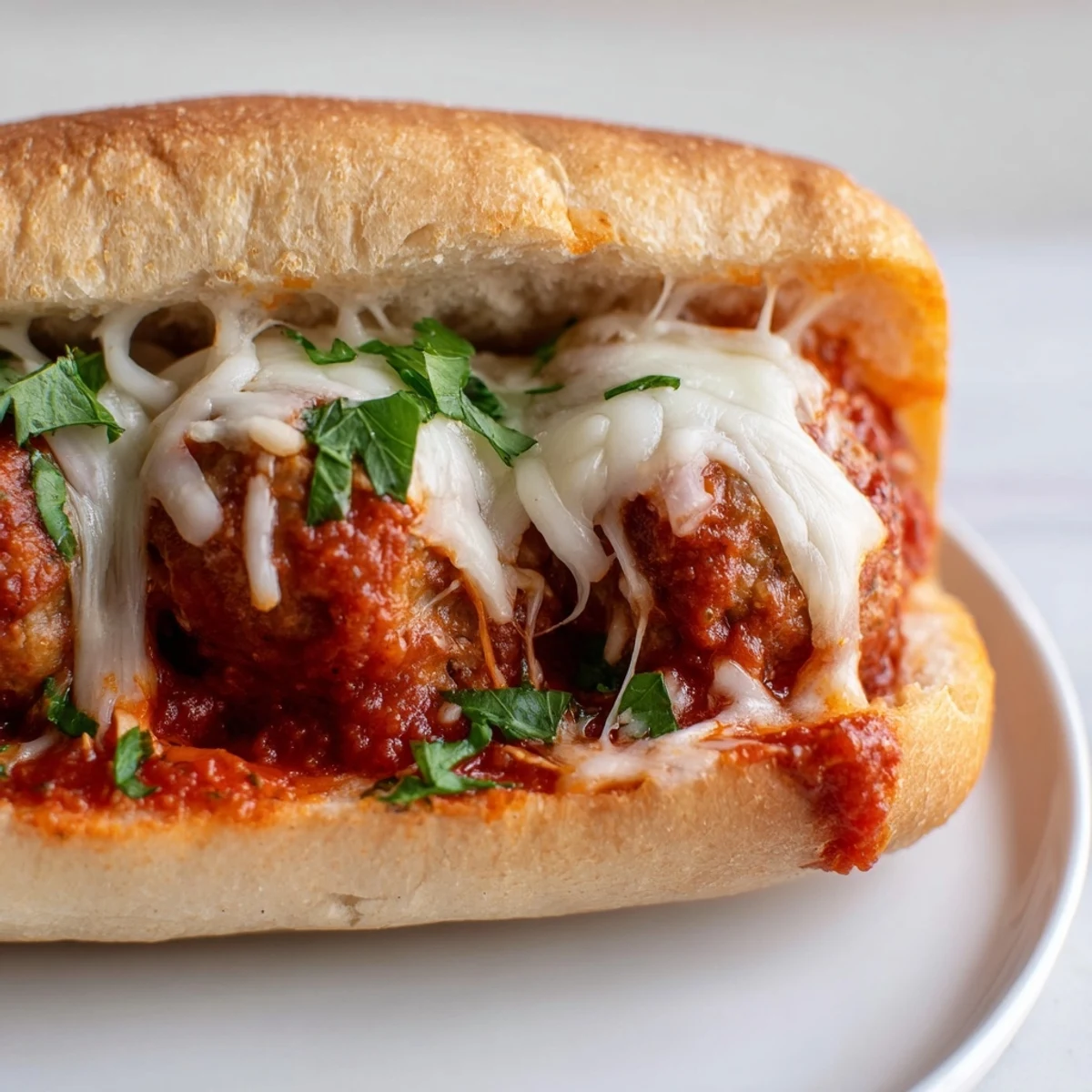 Freshly baked Turkey Meatball Subs with Cheese feature melted mozzarella bubbling over toasted rolls, garnished with bright green basil on a plate.