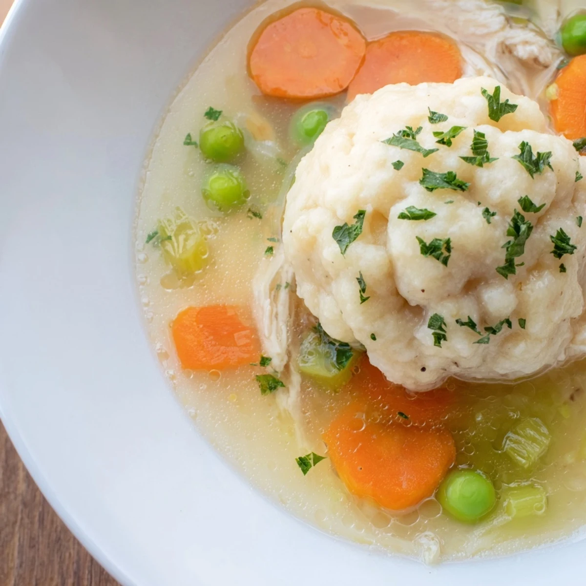 Hearty Chicken Soup with Fluffy Dumplings in a rustic bowl, served with a side of crusty bread for a cozy meal.