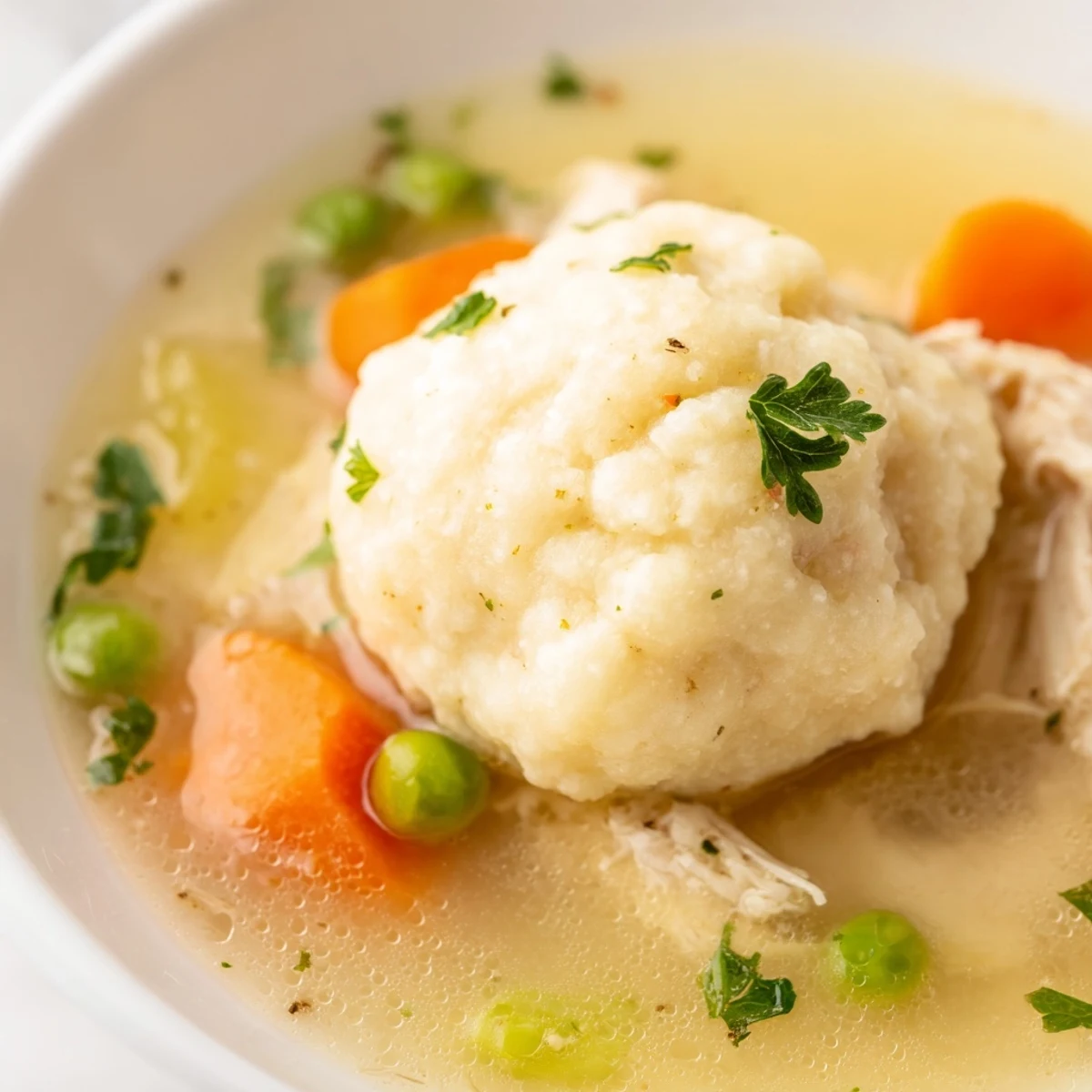 Freshly cooked Chicken Soup with Fluffy Dumplings, showcasing plump dumplings simmered in savory broth with celery and carrots.