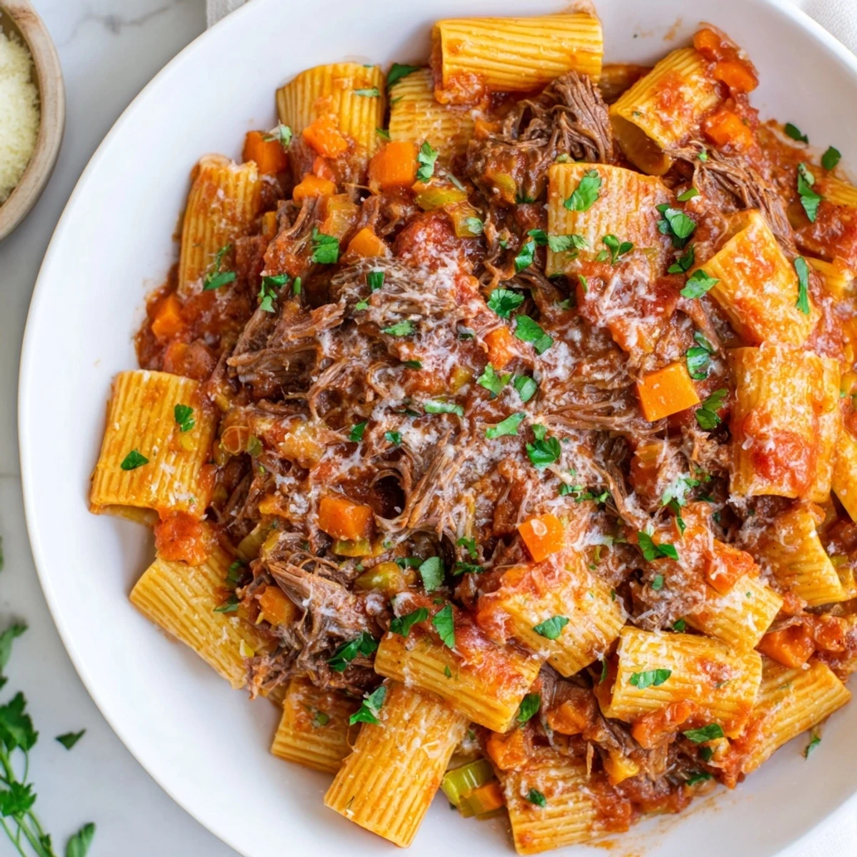 Slow Cooker Ragu Sauce with Beef simmered with aromatics, ready to spoon over creamy polenta or pasta.