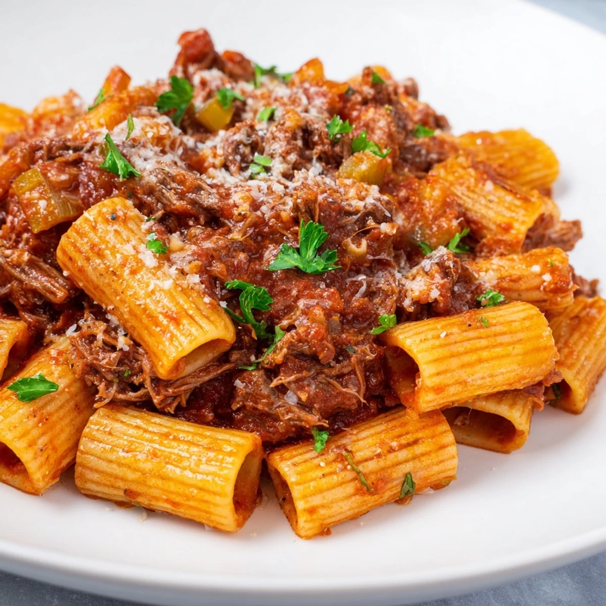 Hearty Slow Cooker Ragu Sauce with Beef on a plate with Parmesan, parsley, and rustic bread.