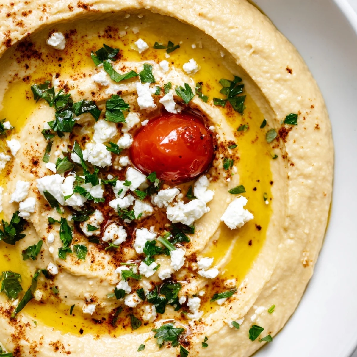A vibrant Mediterranean Hummus Bowl topped with crumbled feta, chickpeas, and fresh parsley, served with warm pita bread.