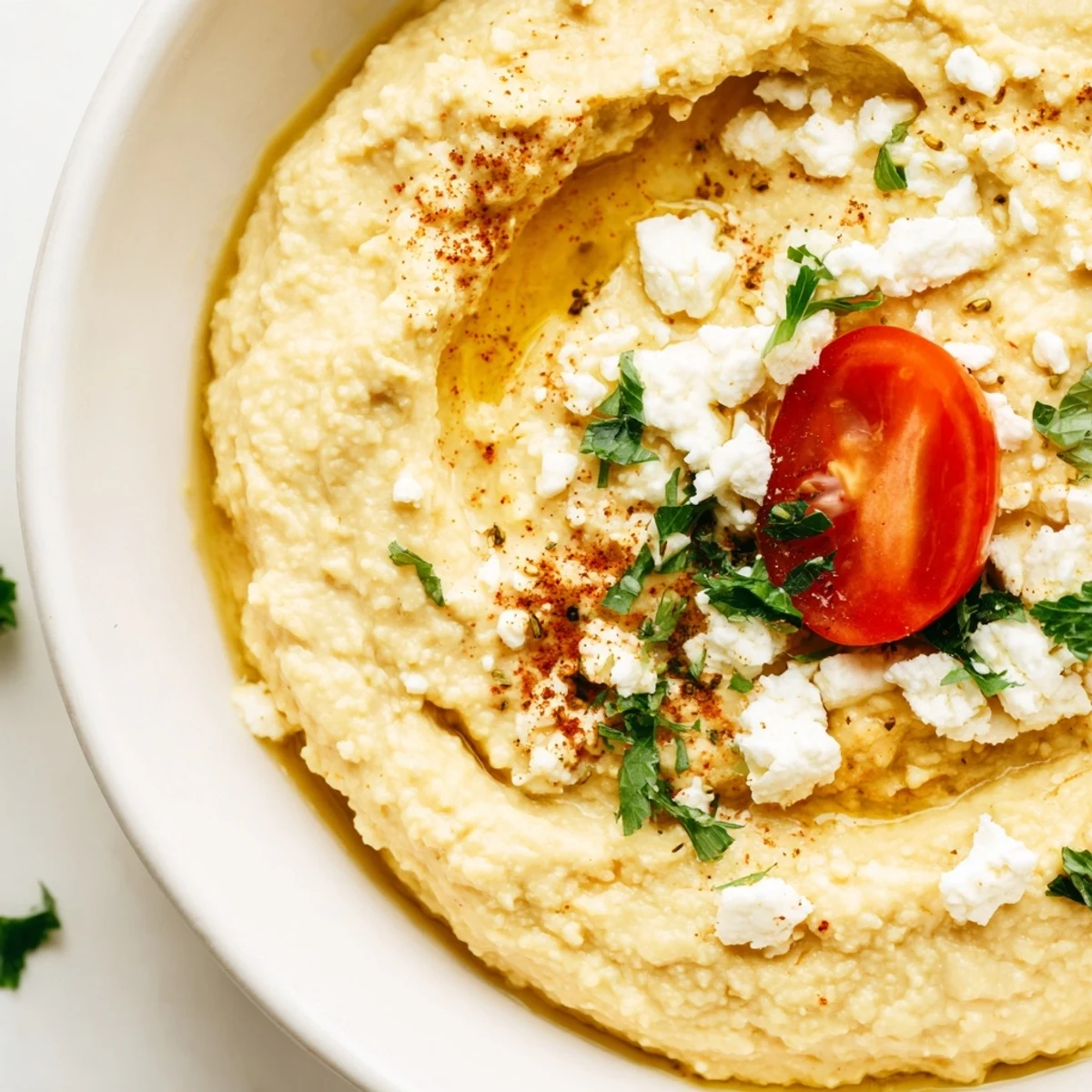 Overhead view of a Mediterranean Hummus Bowl featuring creamy hummus, colorful veggies, tangy feta, and golden toasted pita wedges.