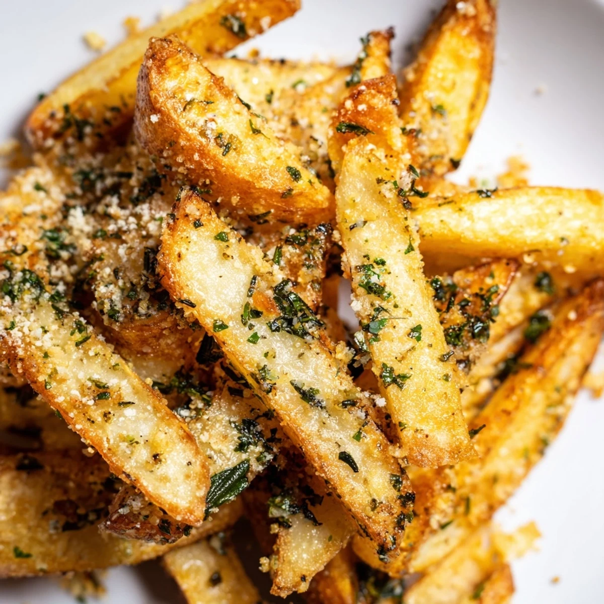 Crispy oven-baked Roasted Fries with Garlic and Herbs served hot on a rustic platter, garnished with fresh parsley and a side of creamy dipping sauce.