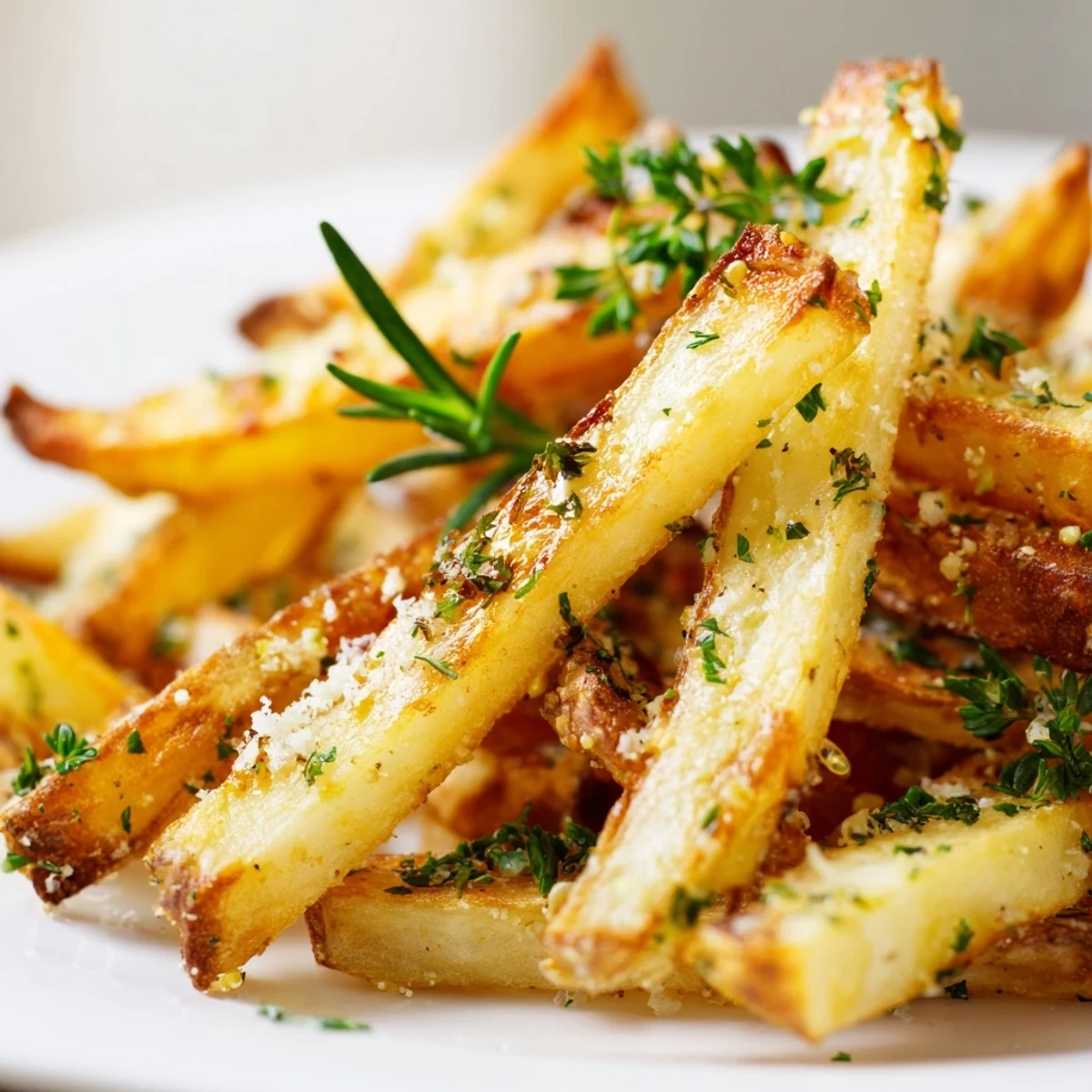 Perfectly golden Roasted Fries with Garlic and Herbs tossed with minced garlic and fresh herbs, ready to be served as a savory side dish.