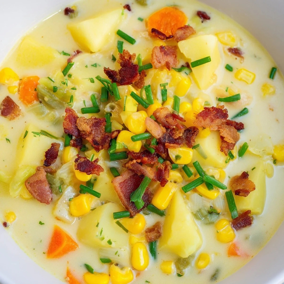 Creamy Chowder with Corn and Potato garnished with fresh chives in a rustic bowl.