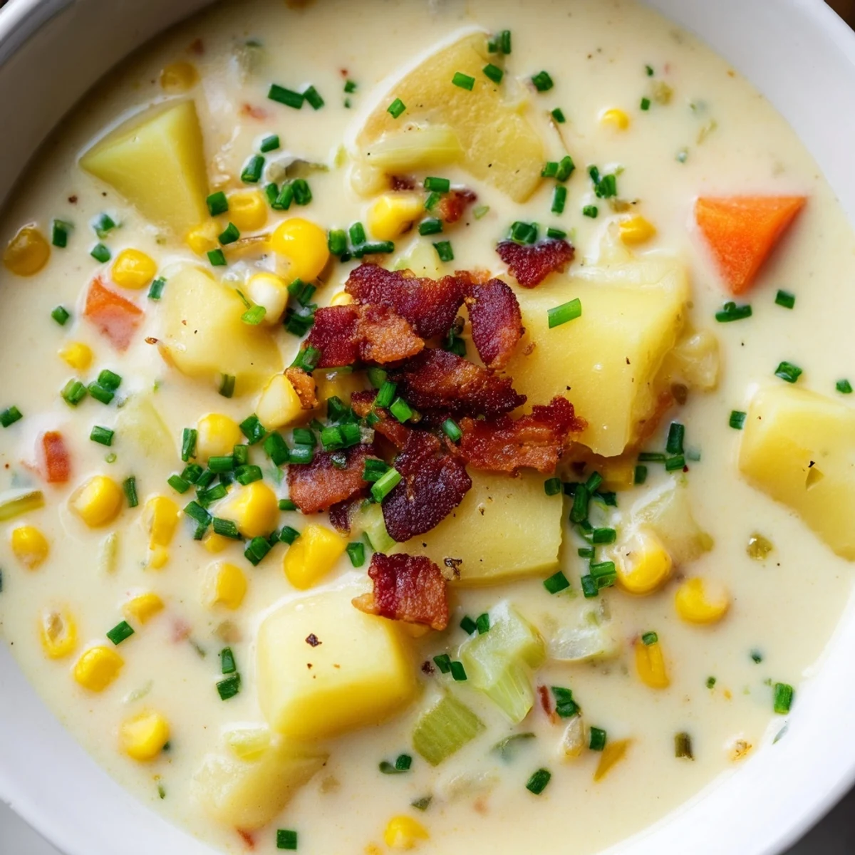 Velvety Chowder with Corn and Potato simmering on the stovetop with diced vegetables.
