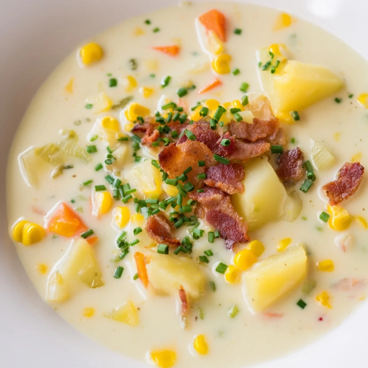Hearty Chowder with Corn and Potato served in a white ceramic bowl with crusty bread.