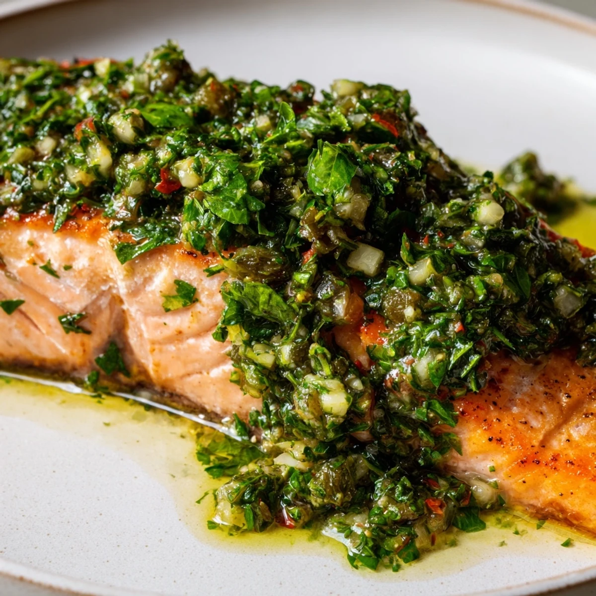 Tender flaky baked salmon with vibrant salsa verde garnished with parsley and capers on a wooden cutting board.