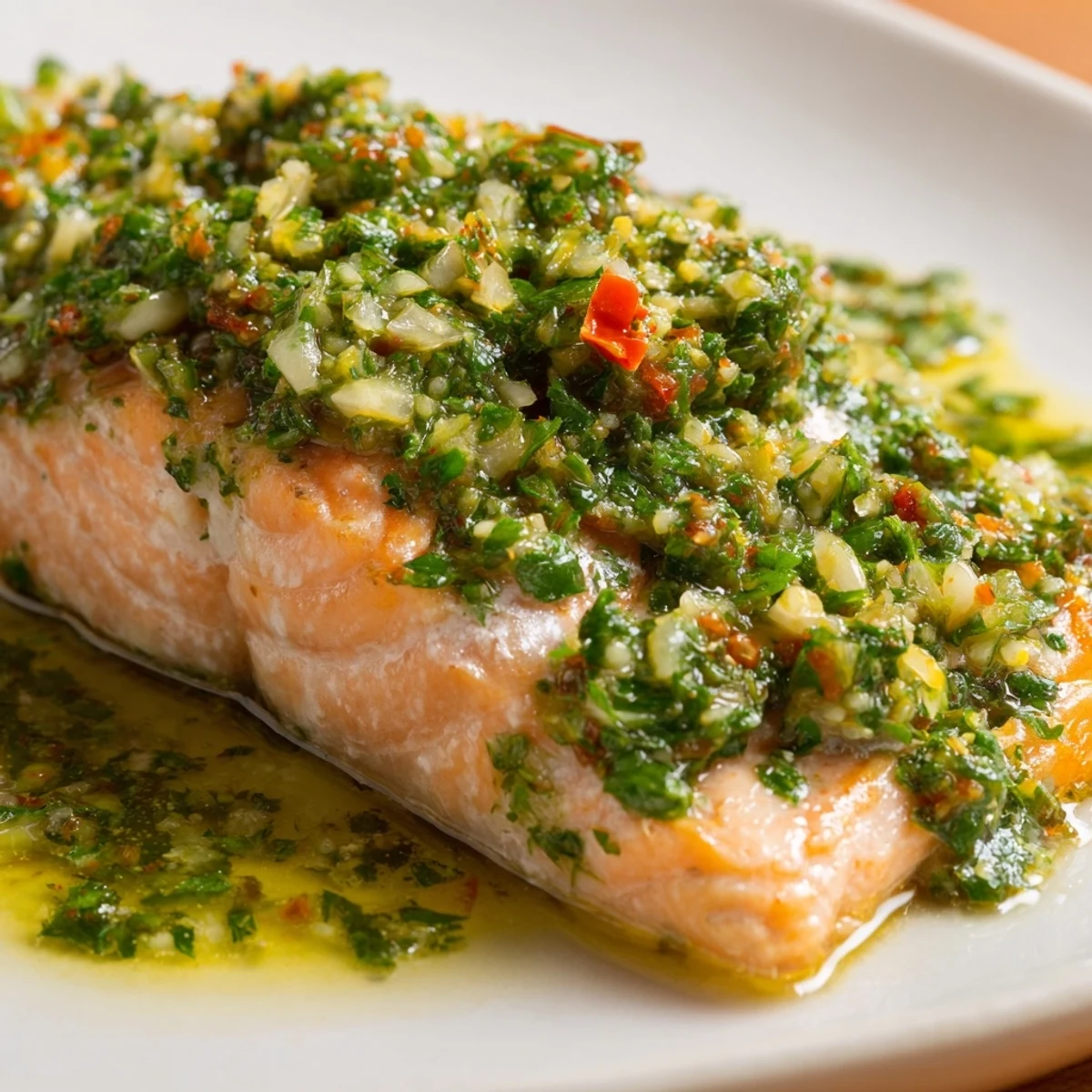 Golden-brown baked salmon fillets topped with bright green salsa verde and fresh lemon slices on a rustic white plate.