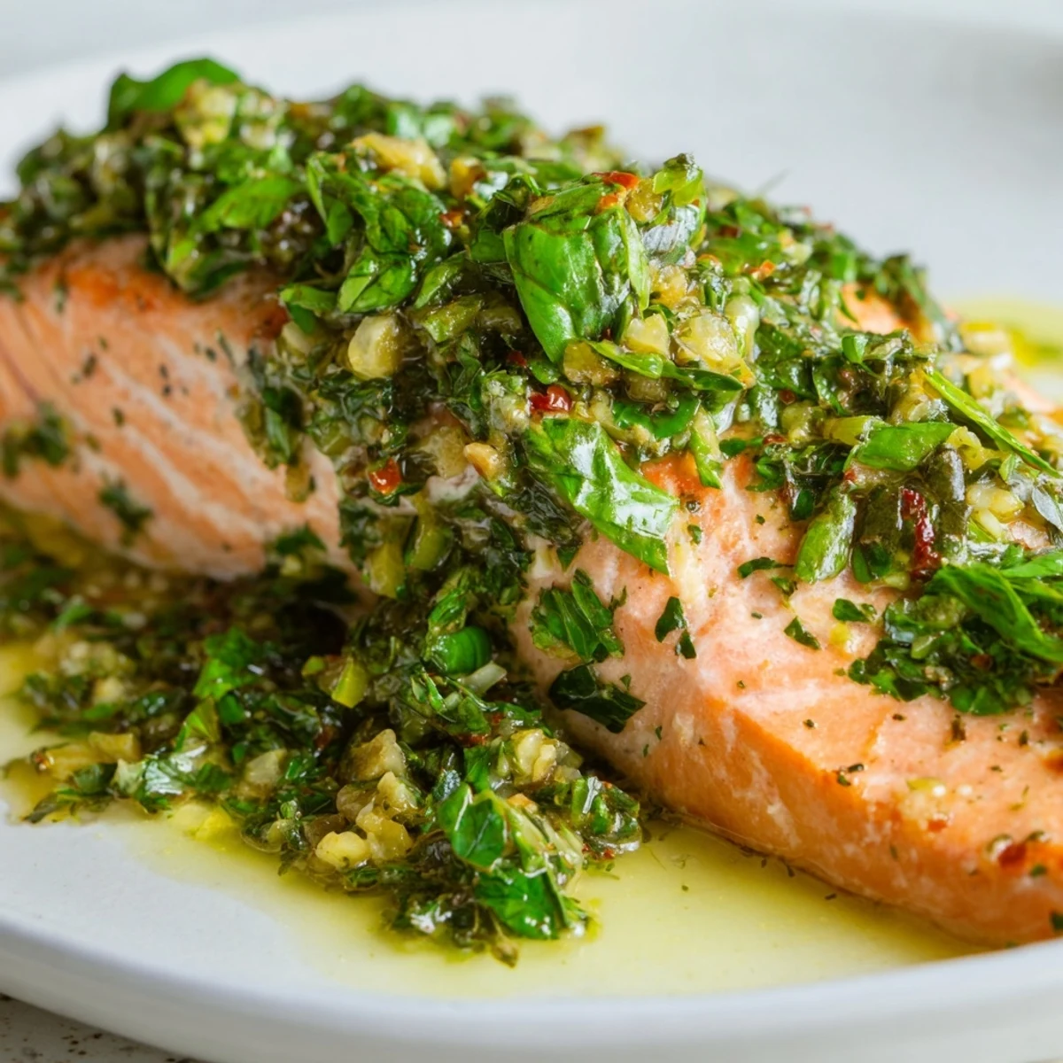 Juicy baked salmon with zesty salsa verde served alongside roasted potatoes and lemon wedges for a Mediterranean dinner.
