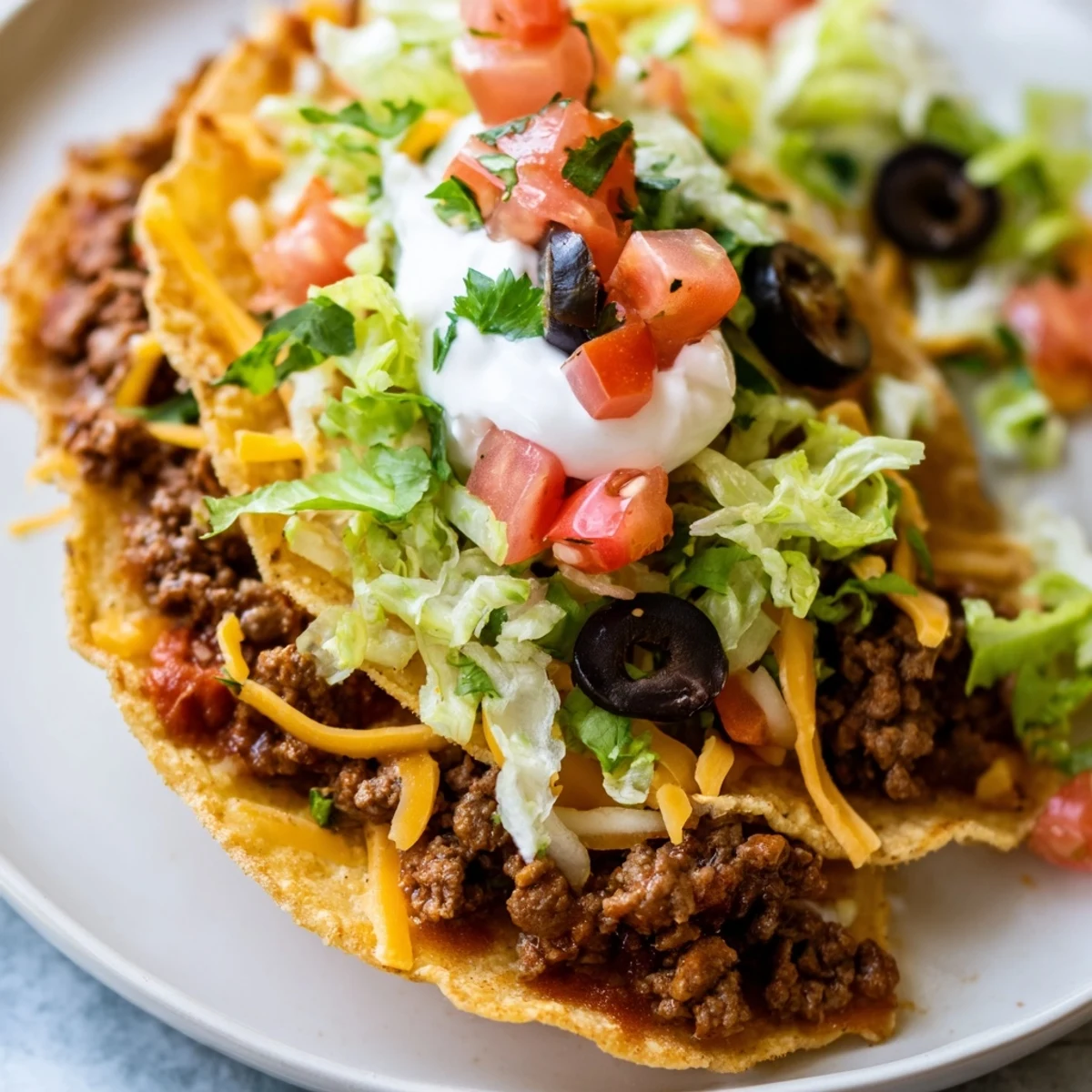 Seasoned ground beef, diced onions, and melted cheddar cheese packed into crunchy hard shells, garnished with fresh cilantro and lime wedges for a zesty finish.