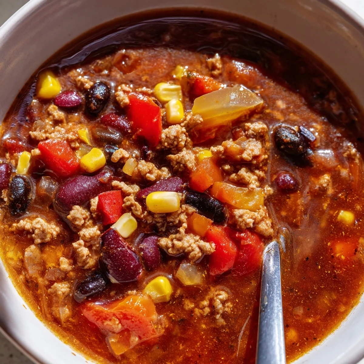A steaming bowl of hearty Turkey Chili Bowl with Crackers, featuring ground turkey, kidney beans, and red bell pepper.
