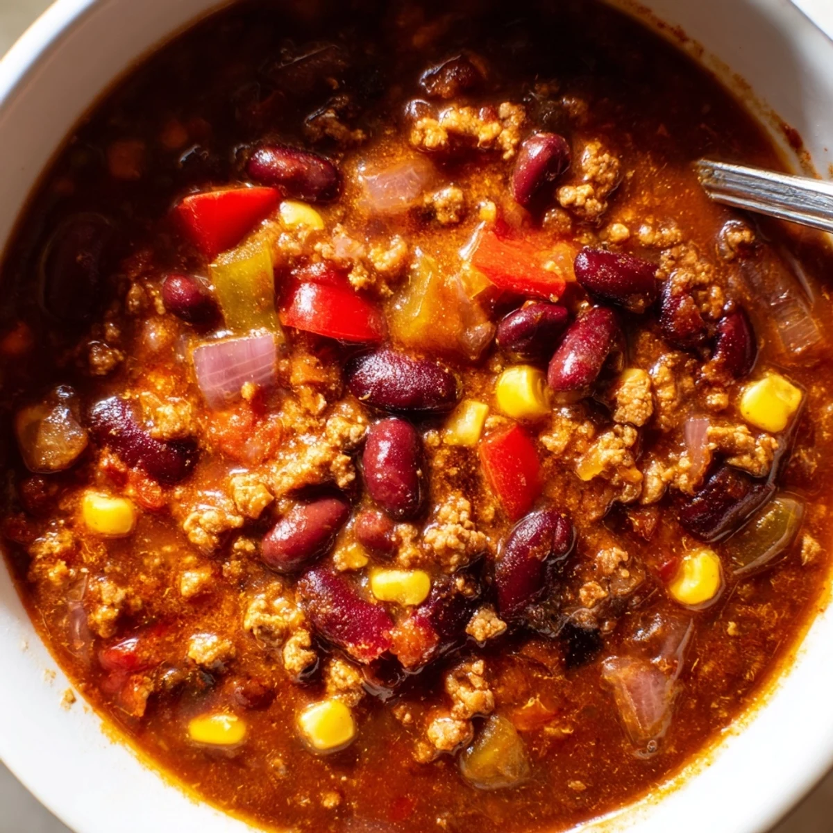 Dinner plate of Turkey Chili Bowl with Crackers topped with black beans and corn, ready to enjoy on busy nights.