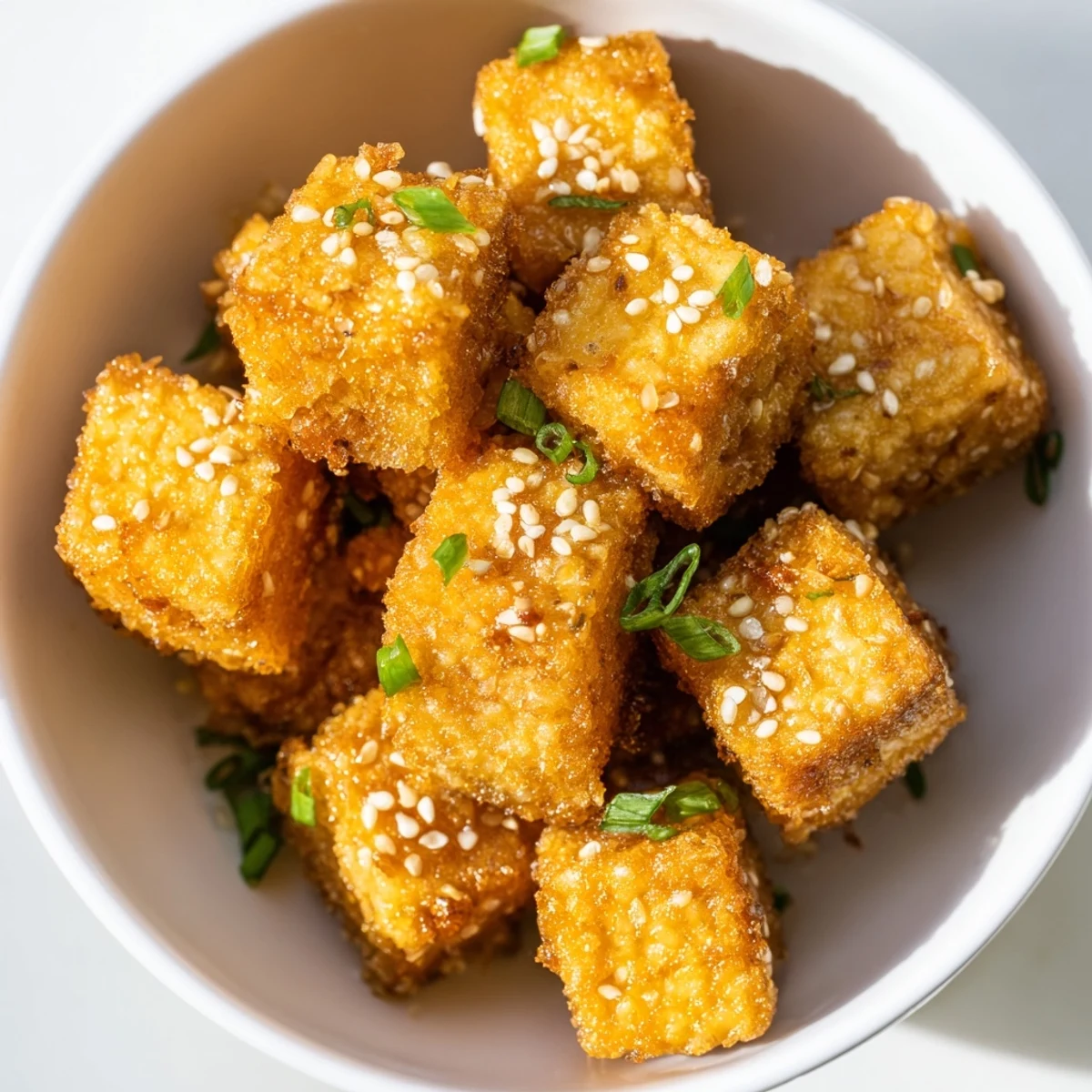 Golden Crispy Air Fryer Tofu garnished with sesame seeds and green onions, ready to dip into sweet chili sauce or spicy sriracha mayo.