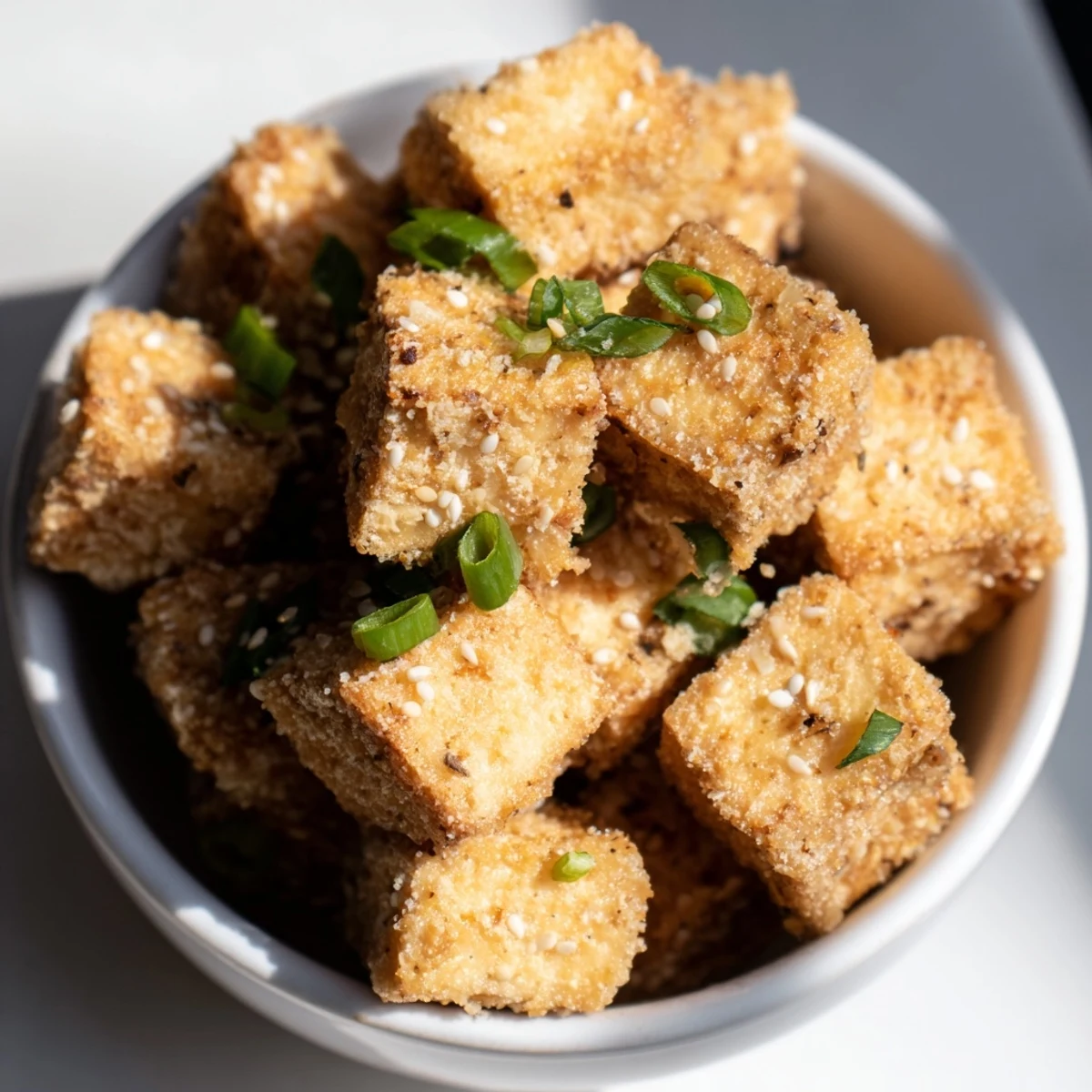 Crispy Air Fryer Tofu cubes, golden brown and crunchy on the outside, with tender insides served over a bed of steamed rice and colorful vegetables.