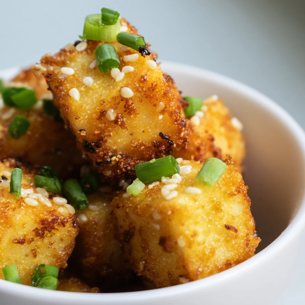 Perfectly cooked Crispy Air Fryer Tofu with a crunchy cornstarch coating, arranged in a single layer with fresh herbs on a rustic wooden table.