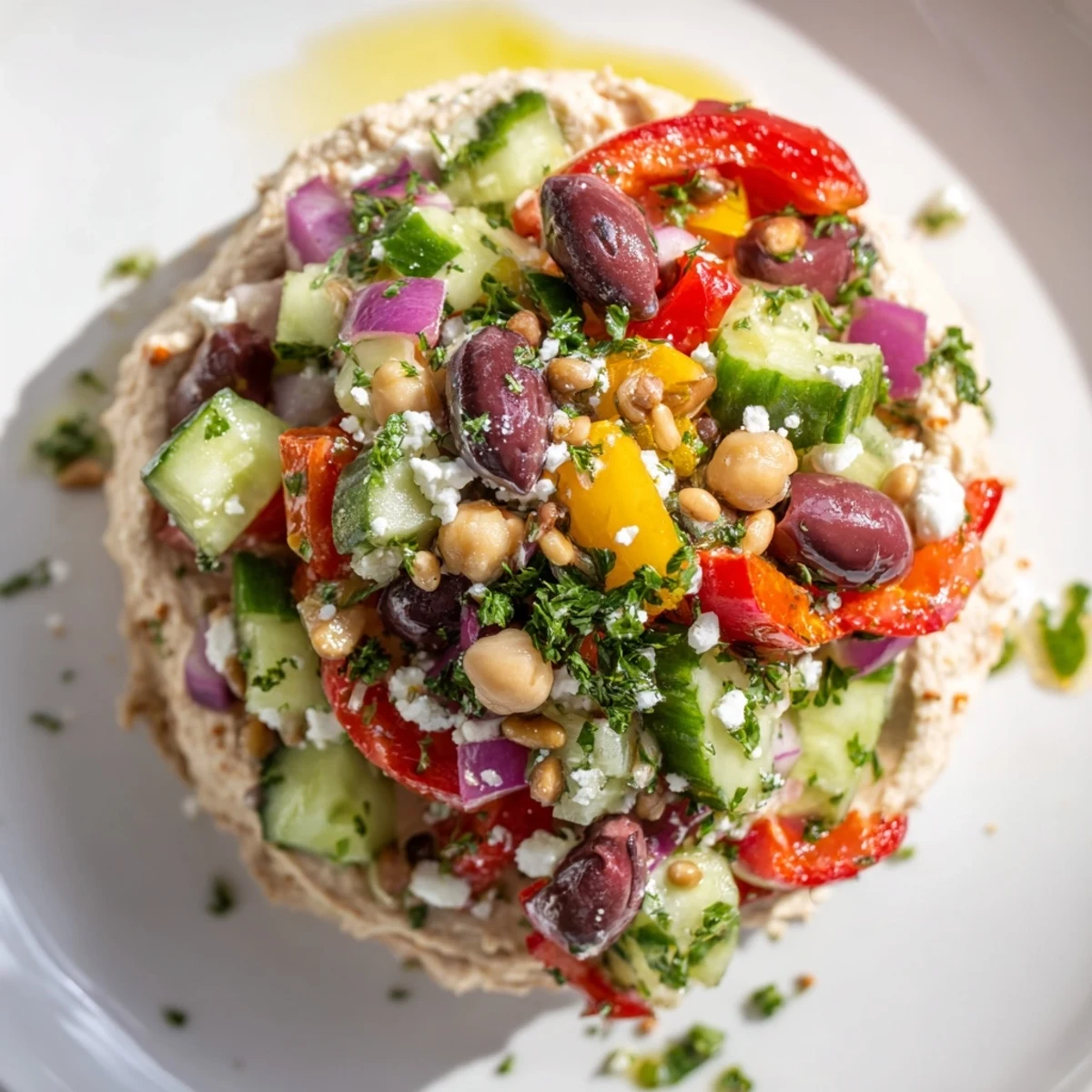 A vibrant Mediterranean Salad with Hummus featuring crisp cucumbers, juicy tomatoes, and creamy chickpea dip spread on a platter.  