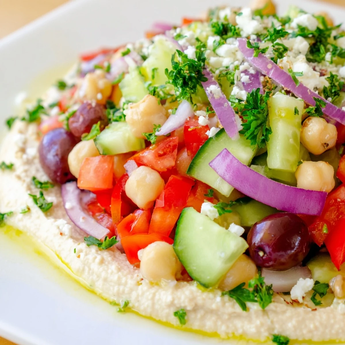 A colorful Mediterranean Salad with Hummus served over a thick spread of hummus, topped with toasted pine nuts and parsley.