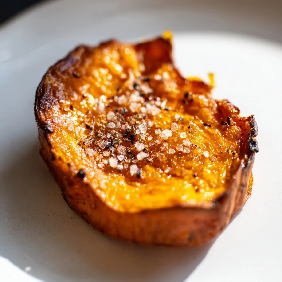 A close-up of vibrant orange sweet potato fries, freshly roasted with garlic powder and sea salt on a parchment-lined sheet.