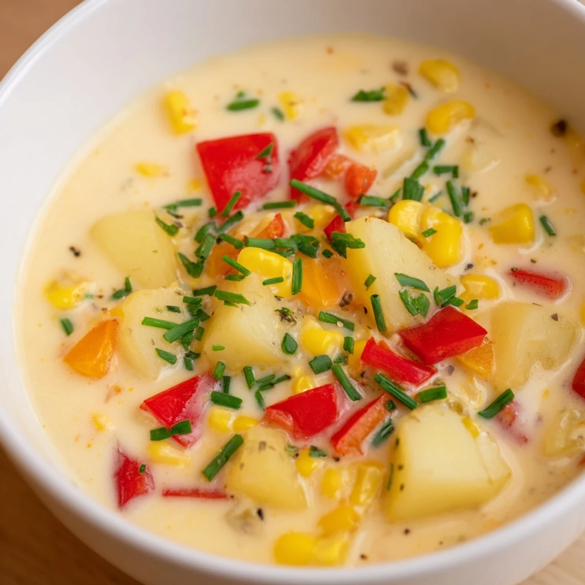 Creamy Corn Chowder with Peppers simmering in a rustic pot, garnished with fresh chives and a swirl of cream for a comforting bowl.